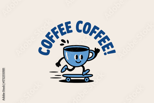 A cute cartoon coffee cup skating on a skateboard, showcasing a joyful character that highlights the fun and energy associated with coffee for coffee lovers and enthusiasts.