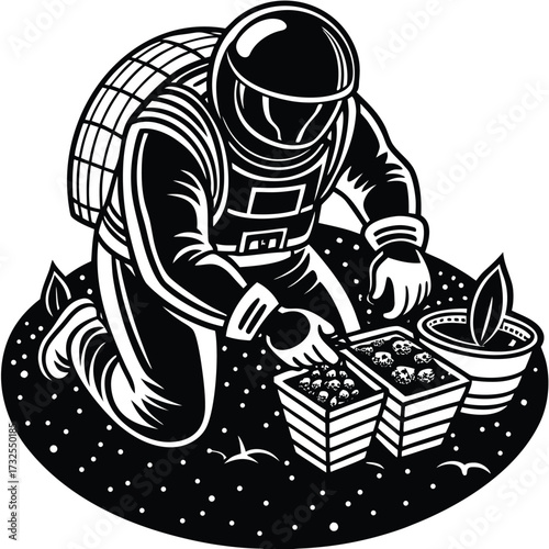 Vector astronaut preparing soil samples for farming experiment