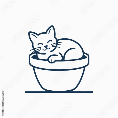 This illustration captures a delightful cat curled up in a flower pot, showcasing its content demeanor and cute expression, evoking feelings of warmth and joy.