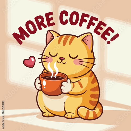 This charming illustration portrays a content cat holding a cup of coffee, perfectly capturing the essence of tranquility and happiness in a cozy environment.