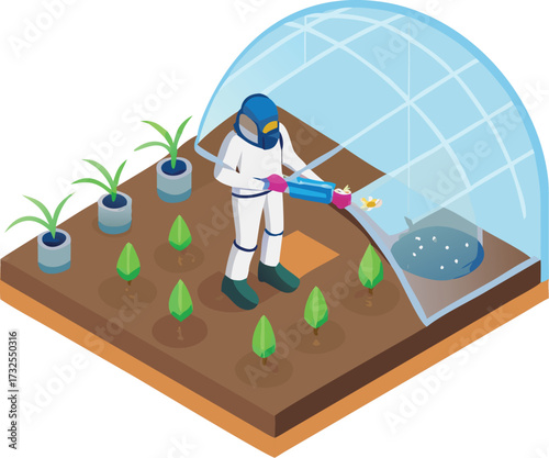 robotic arm planting seeds in zero gravity greenhouse