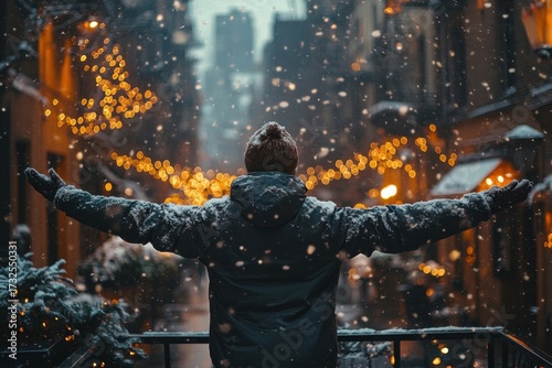 Man standing on balcony in snow.