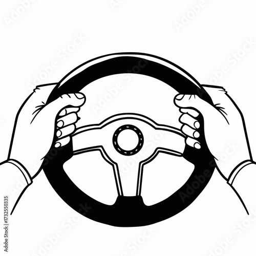 Hands gripping steering wheel in black and white illustration  