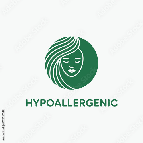 This modern logo portrays a woman's face with beautiful hair in rich green shades, reflecting the essence of hypoallergenic beauty targeting health-conscious individuals.