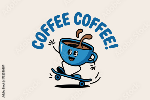 An animated coffee cup filled with coffee rides a skateboard, capturing the essence of fun and excitement, ideal for coffee lovers and kids enamored with playful designs.