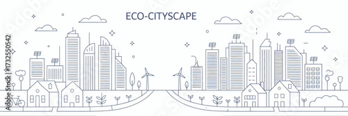 A detailed cityscape illustration showcasing tall urban buildings, wind turbines, and greenery, emphasizing a vision of sustainable living and environmental awareness.