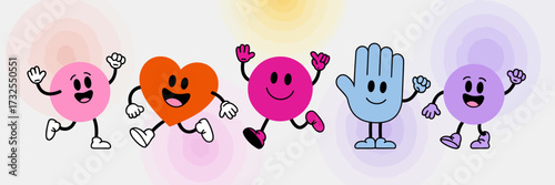 This delightful illustration features a group of whimsical characters, joyfully expressing emotions through lively colors and actions, perfect for conveying fun, happiness, and friendship.