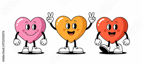 An engaging illustration of three heart characters in vibrant colors, each expressing joy, positivity, and warmth, ideal for promoting love and friendship.