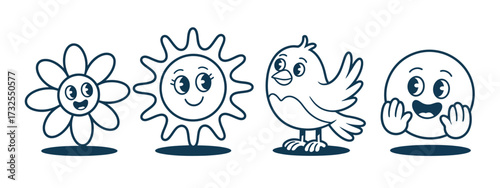 A whimsical and colorful illustration showcasing a cheerful flower, a smiling sun, an animated bird, and a happy character, reflecting happiness and joy.