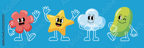 This charming image of four cartoon characters, resembling flowers, stars, clouds, and a jelly-like figure, evokes a sense of joy and unity in vibrant colors.