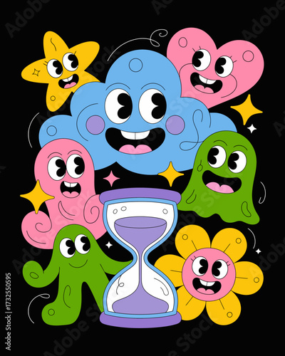 A vibrant and playful illustration featuring cheerful characters, including clouds, a heart, and an hourglass, representing joy, time, and emotion in a whimsical art style.