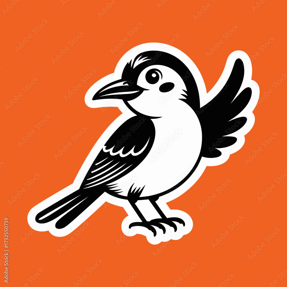 Fototapeta premium This graphic features a black and white stylized bird with an open wing, set against a vibrant orange background, showcasing its playful character and design.