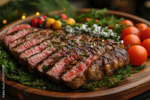 Steak with tomatoes on wooden plate.