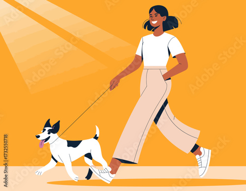 A cheerful woman walks a playful dog in a sunny environment, highlighting companionship in a vibrant outdoor setting that encourages joy and activity in everyday life.