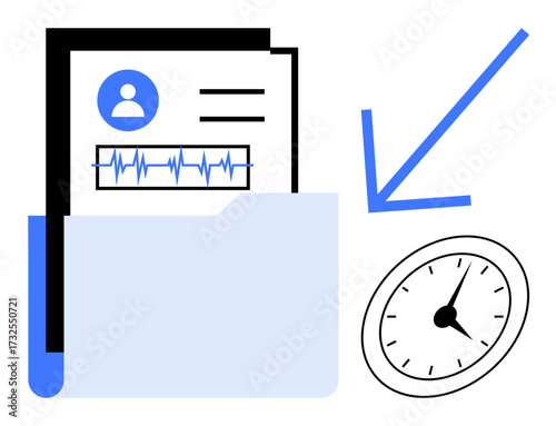 Documents with medical profile symbol inside a file folder, next to an arrow and clock. Ideal for healthcare, record organization, time management, patient data, deadlines, tracking, efficiency