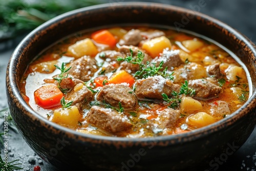 Bowl of beef stew with potatoes and carrots.