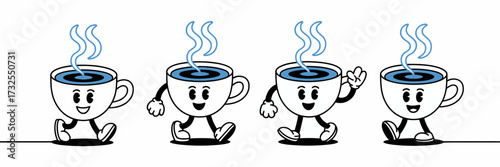 A series of happy coffee cup characters animated to show expressions of joy and excitement, representing warmth, comfort, and the joy of having a favorite beverage.