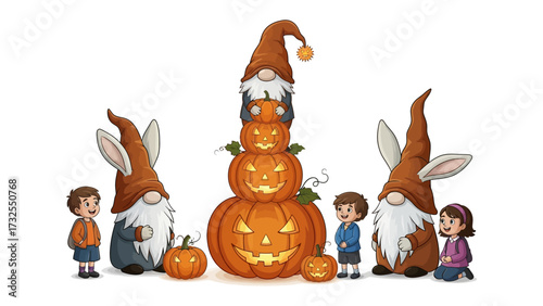 Halloween Festive Gathering: A delightful Halloween scene where charming gnomes with bunny ears playfully interact with whimsical pumpkin towers, and friendly children, evoking a festive atmosphere.