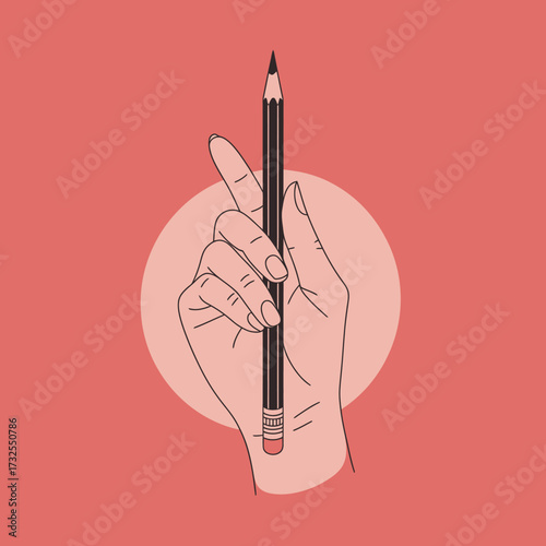 A creative illustration depicting a hand raised with a pencil, emphasizing the artistic process and the joy of creation against a coral backdrop.