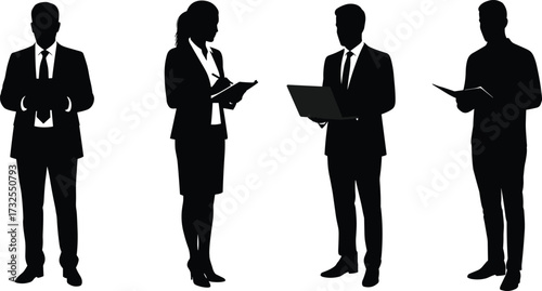 Silhouette of Business People in Corporate Attire Working with Documents, Laptop, and Clipboard in Office SettingSilhouette of Business People in Corporate Attire Working with