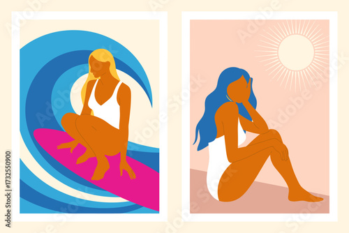 A serene depiction of a relaxed surfer sitting on the sand, contemplating life and nature in the sunlight, blending tranquility with the spirit of the ocean.