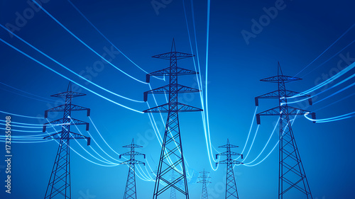 Power lines and pylons against a blue sky, representing energy transmission and electrical infrastructure