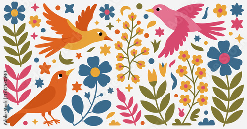 A lively and playful scene featuring vibrant birds interacting with an array of colorful flowers, showcasing the joy and wonder present in nature's beauty.