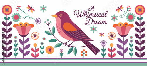 A beautifully designed bird amidst flowers, resonates with a whimsical and dreamy atmosphere, showcasing floral elements, colors, and a playful artistic style in harmony.