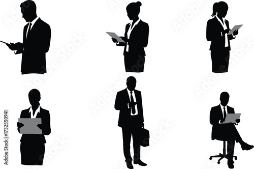 Silhouettes of business professionals using digital tablets and devices in modern corporate and office environmentsSilhouettes of business professionals using digital tablets 