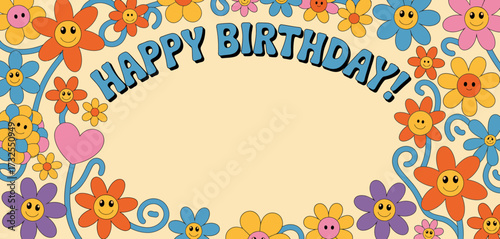This fun and vibrant birthday greeting features playful flowers and smiling faces, perfect for celebrating special occasions with joy and creativity in artistic style.