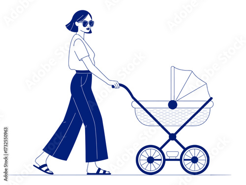 A fashionable woman wearing sunglasses pushes a baby stroller while walking in a serene environment, embodying modern parenting and lifestyle choices harmoniously.