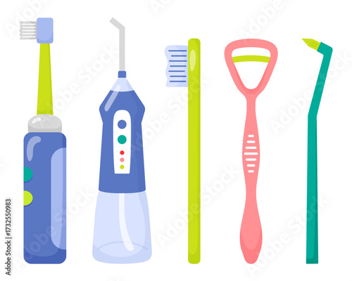 Oral care. Toothbrushs set in cartoon flat style. Electric toothbrush, irrigator. Single tuft, tongue cleaning brush.