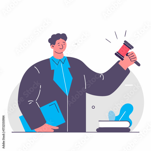 Male lawyer holding gavel and file with legal books on table  