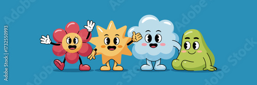 A lively illustration features four charming characters spreading joy and friendship, showcasing flowers, stars, and clouds in an engaging and colorful atmosphere.