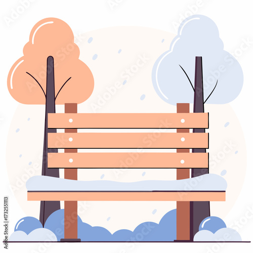 Wooden bench covered in snow between two trees in winter scenery  