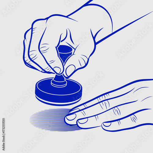 This unique image presents a hand carefully applying a stamp, reflecting artistry, precision, and the human touch in artistic creation and design work.