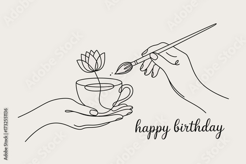 This minimalistic artwork features a hand holding a teacup with a flower inside, embodying creativity and joy for a unique birthday card design filled with artistic charm.