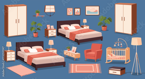 Collection of bedroom furniture and decor elements in a pixel art style.