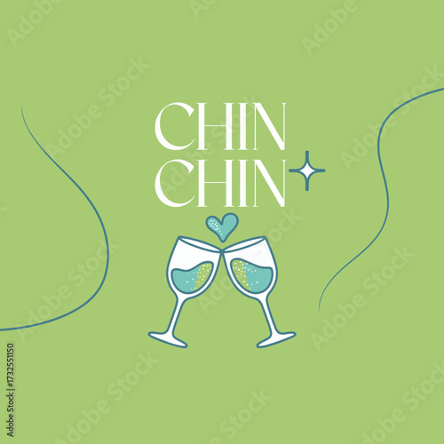 This joyful graphic depicts two wine glasses clinking together, adorned with a sparkling splash, representing celebration and togetherness in a lively design.