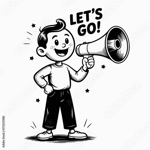 A happy boy holding a megaphone, conveying enthusiasm and excitement. The illustration captures youthful energy and encourages active participation or teamwork among peers.