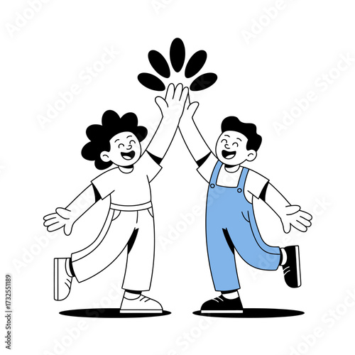 An engaging black and white illustration depicting two children high-fiving, capturing the essence of camaraderie, togetherness, and childhood joy in a playful manner.