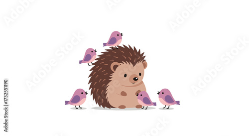 A cute hedgehog sitting peacefully surrounded by a group of small, friendly birds.