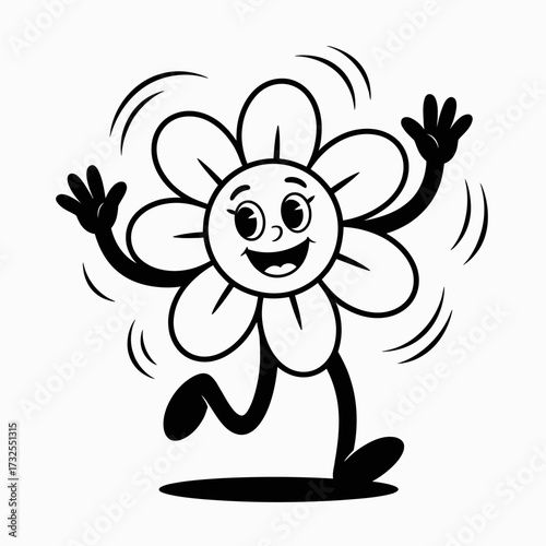 A lively cartoon flower character joyfully jumping with outstretched arms, representing happiness and vitality. This playful illustration is ideal for cheerful designs and vibrant themes.