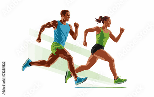 This vibrant illustration depicts two runners in motion, embodying the spirit of fitness and teamwork, while highlighting a modern aesthetic in athletic design.