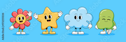This joyful image captures four cute cartoon characters, including a flower, star, cloud, and jelly-like figure, encouraging smiles and uplifting emotions through design.