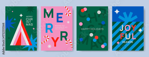 Merry Christmas greeting cards set with abstract shapes, candy canes, stars, and bold typography on colorful backgrounds. Graphic template design in modern minimalist style