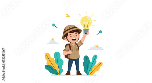 Explorer discovers a brilliant new idea with a bright light bulb in a creative exploration.
