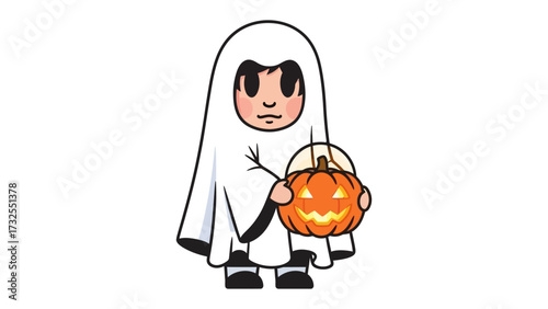 Halloween Ghost: A young person dressed in a charming ghost costume, holding a Jack O'Lantern pumpkin basket, ready for trick-or-treating on a spooky Halloween night.