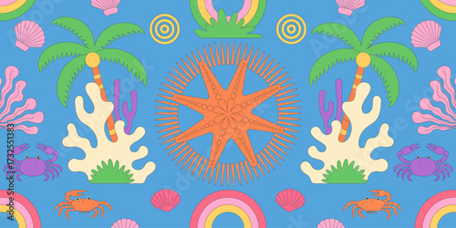 An imaginative design featuring a large central starfish with crabs and palm trees, capturing a whimsical ocean theme that evokes feelings of joy and tranquility by the beach.