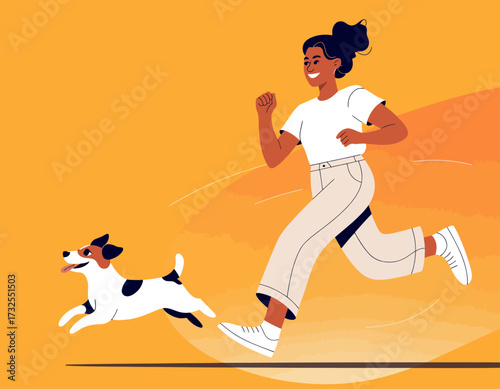 A vibrant illustration of a woman enjoying a leisurely walk with her dog, showcasing a moment of joy and companionship that resonates with a lively outdoor atmosphere.